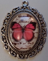Tibetaans zilveren/glazen cabochon roze vlinder - 61x48x11mm