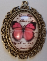 Antiek bronzen/glazen cabochon roze vlinder - 61x48x11mm