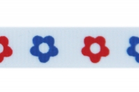 Wit satijn lint met rode en blauwe bloemetjes - 10mm x 5m